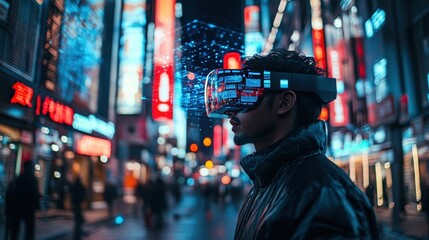 Obraz premium Futuristic man using VR goggles in neon city.
