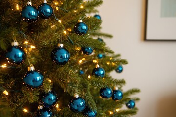 Close-up shot of a Christmas tree decorated with blue ornaments