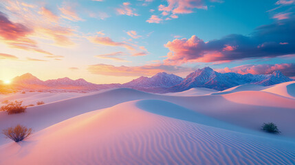 Naklejka premium Serene Sunset over White Sand Dunes and Snowy Mountains: A Breathtaking Landscape