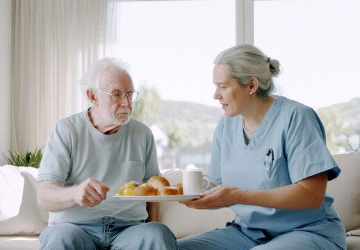 Nurse in blue scrubs assists elderly man with breakfast at home