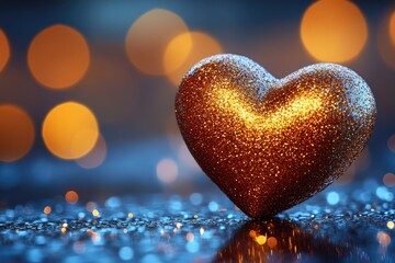 Fototapeta premium A heart-shaped object sits on a shiny surface