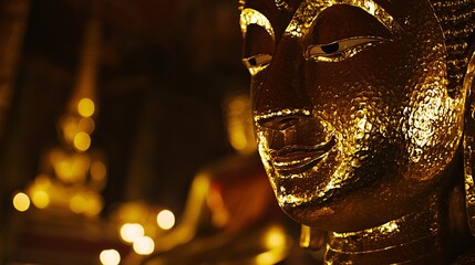 close-up of a Buddha statue’s serene face, capturing the peaceful expression and intricate details of the carving. Buddha statue in Mahayana Buddhism 