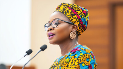 Confident woman delivering a presentation while wearing colorful traditional attire