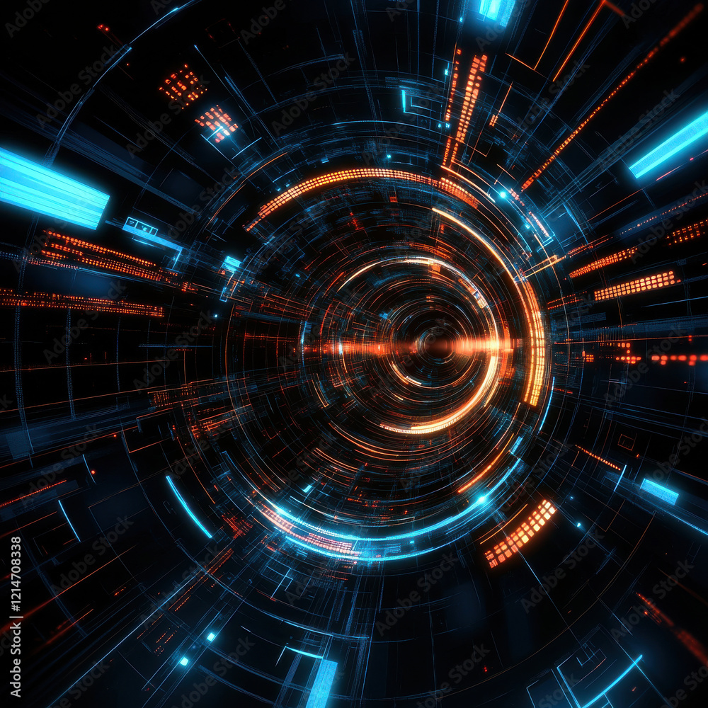 Wall mural abstract technology background with glowing lines and circles