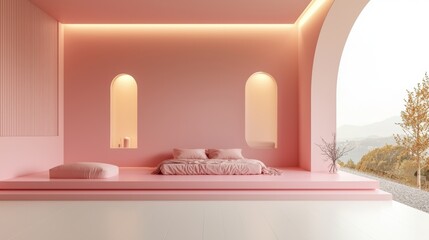 modern, minimalist bed room, with balance design. The color palette is pink and white