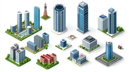 A collection of isometric skyscraper structures showcasing modern business offices.