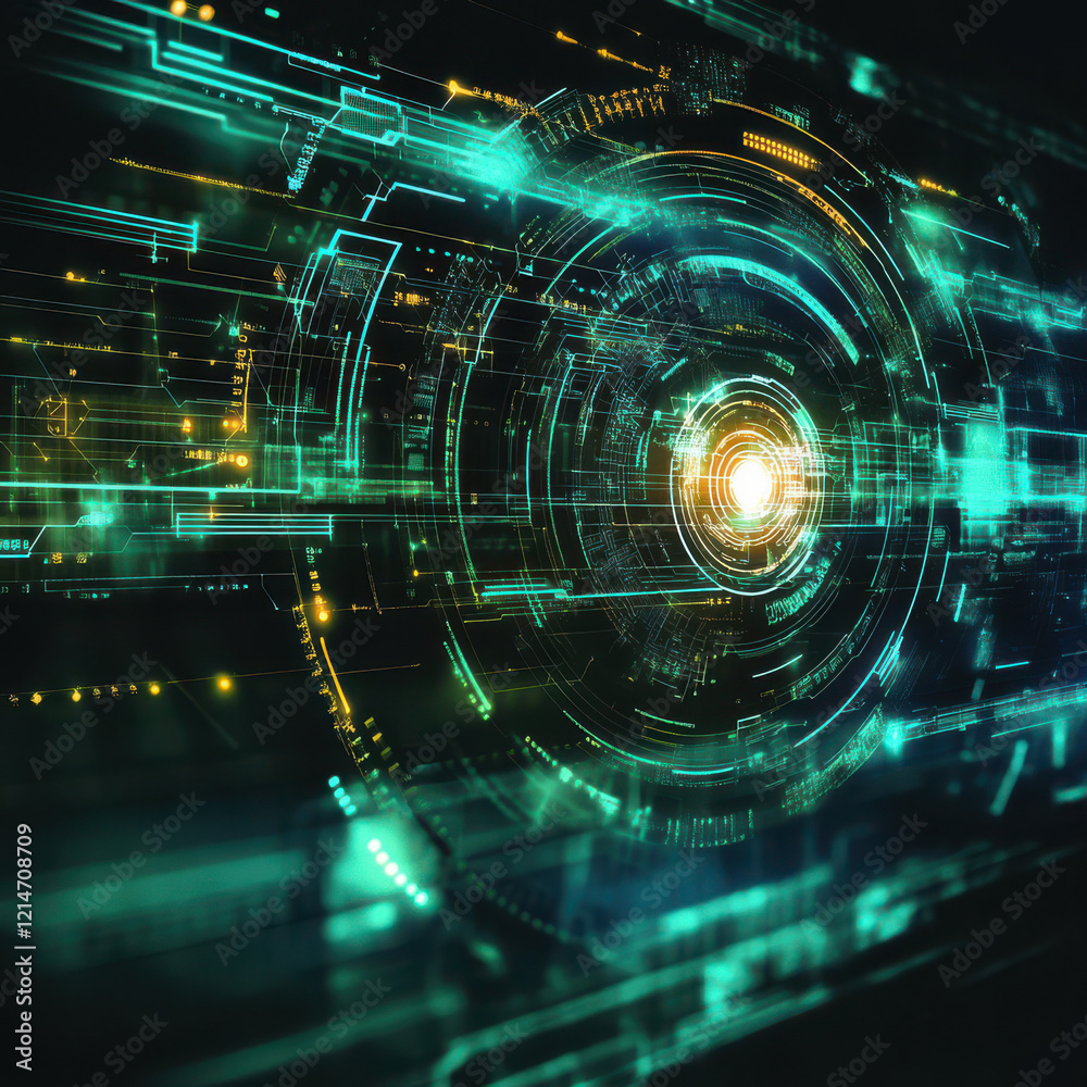 Wall mural abstract technology background with glowing lines and circles