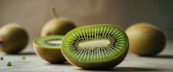 Freshly cut kiwi showcasing vibrant green flesh and seeds with whole kiwis in the background in a natural setting
