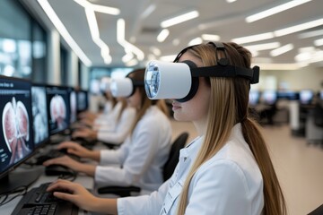 A female healthcare worker is fully immersed in a virtual reality training session, emphasizing the evolution of medical education through modern technology.