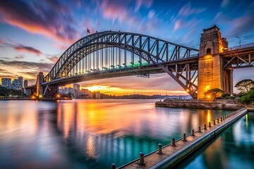 Naklejka premium Sydney Harbor Bridge: A Documentary Perspective - Iconic Steel Structure at Dawn