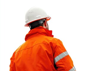 Fototapeta premium A person wearing an orange jacket and white helmet, possibly for safety or fashion purposes