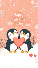 Fototapeta premium Flat Lay of Cute Penguins Holding a Heart Banner, Valentine’s Day, Valentine’s Day image