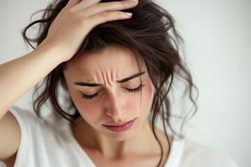 Fototapeta premium A woman sits with her head in her hands, expressing sadness and frustration