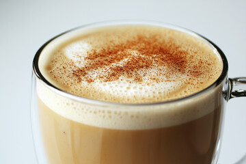 Rich and frothy chai latte in a clear glass mug topped with cinnamon dust against a clean white background