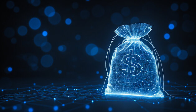 Hologram dollar symbol, Digital blue hologram money bag with a dollar sign, dollars symbolizing 
