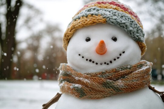 A close-up shot of a snowman dressed in winter attire, perfect for cold weather or holiday-themed projects