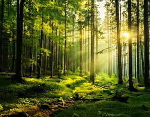 Obraz premium 森林に日が差している風景