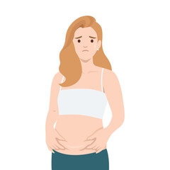 Woman looking concerned as she examines her stomach, reflecting emotions about body confidence. Flat vector illustration isolated on white background