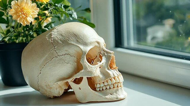 A human skull placed on a surface near a window, surrounded by plants.