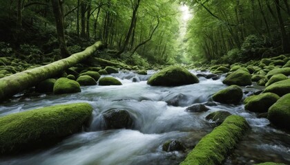 Obraz premium A serene river flows through a forest filled with mossy rocks and lush green trees