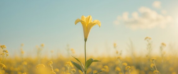 Golden Trumpet Flower Standing Out in Vibrant Yellow Field with Soft Sunlight Creating a Warm and Inviting Atmosphere