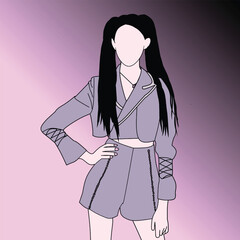 Stylized Illustration of a Fashionable Woman in Purple Gradient Background.