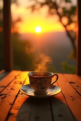 A dreamy kitchen scene with a steaming cup of tea on a rustic wooden table.
