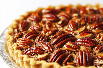 Golden pecan pie with crunchy nut topping gathers attention against a clean white background