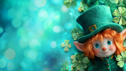 Enchanting Leprechaun Character with Green Hat Surrounded by Clover Leaves and Sparkling Background