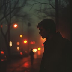 Moody urban scene with silhouette in fog.