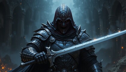 Naklejka premium Dark warrior in the armor with the sword, illustration digital painting.