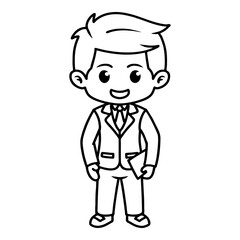 chibi character of a man wearing an office suit standing upright and holding a laptop in black line art