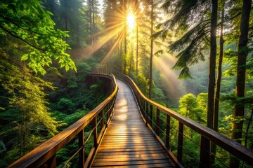 Obraz premium Aerial Silhouette: Wooden Bridge Walkway Through Lush Forest Canopy