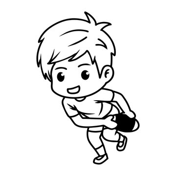 recommend clip art: Boy rugby player holding a rugby ball in running pose, chibi character. black line art