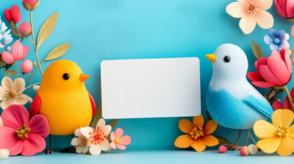 Colorful Birds Surrounded by Vibrant Flowers and Blank Card on Blue Background