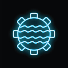 Fototapeta premium Glowing neon icon of a naval mine with waves inside, isolated on black background