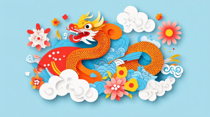 Colorful dragon illustration with floral motifs and clouds on a blue background