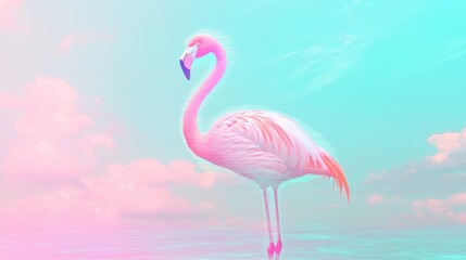 Fototapeta premium Ethereal Flamingo Dreamscape in Vaporwave Style with Glitch Lines and Aquamarine Clouds, Ultra-Detailed Cinematic Image