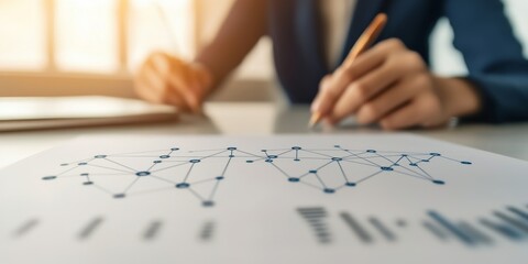 Business ecosystem strategy connection concept. Analyzing data with graphs and charts on a desk.