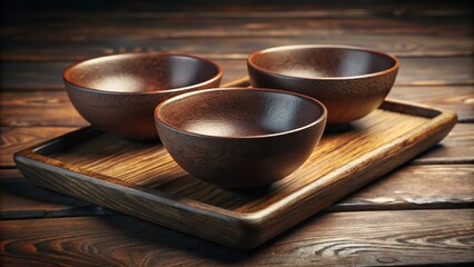 Three Dark Brown Bowls on Rustic Dark Wooden Tray - High-Resolution Stock Photo