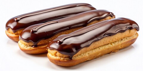 Three Gourmet Chocolate Eclairs, Isolated on White Background - Perfect for Dessert Menu Design