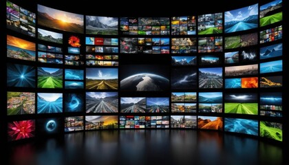 A large curved wall displaying numerous screens showcasing diverse landscapes and imagery