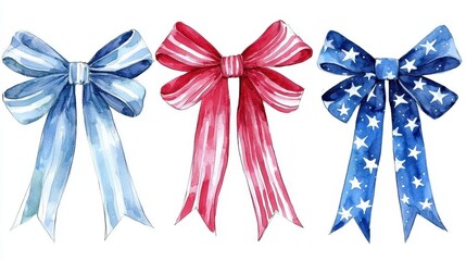 Unique Independence Day decoration with colorful ribbon bows and themed artwork.
