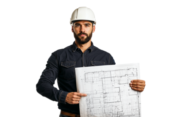 Construction worker holding blueprints with focus.