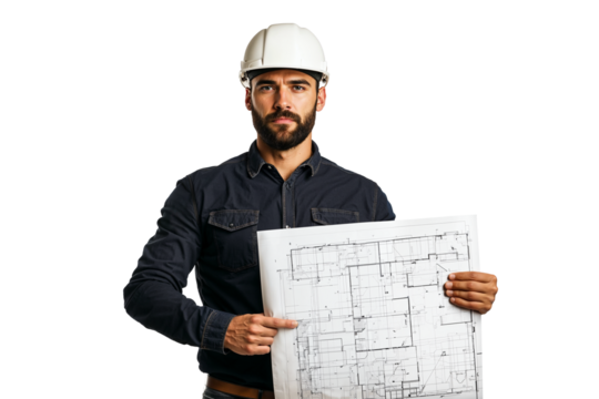 Construction worker holding blueprints with focus.