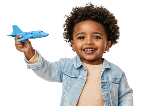 Young child with toy airplane on transparent background.