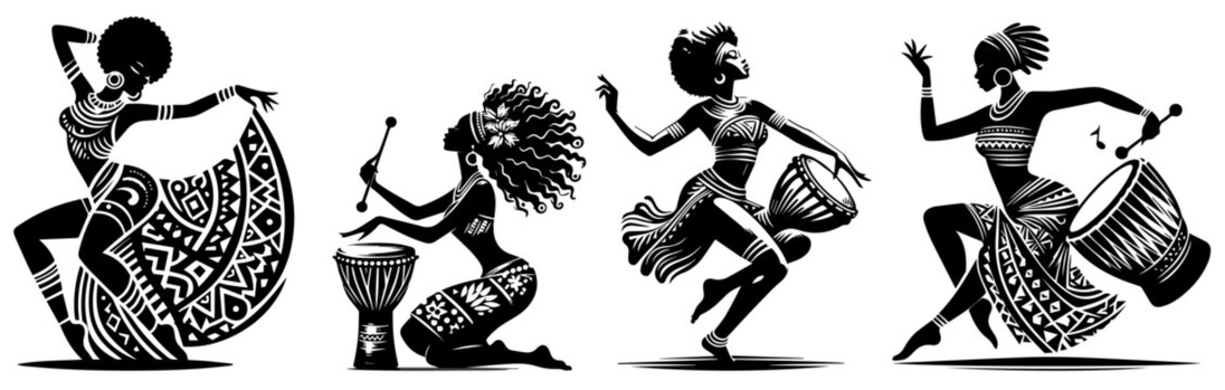 african dancers and drummers in traditional black silhouette design