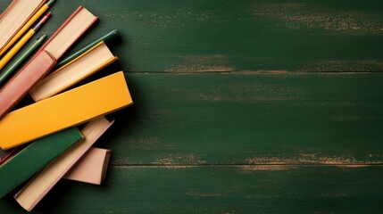 A collection of colorful books and pencils is arranged artistically on a dark green wooden surface, offering a vibrant backdrop for educational themes, book promotions, or creative projects,