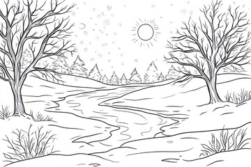 Fototapeta premium Snowy stream winter landscape coloring page