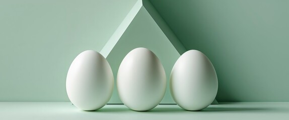Three white eggs arranged on a mint green geometric background.